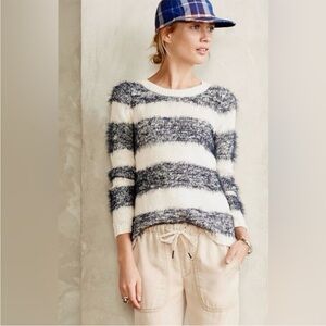 Tabitha for Anthropologie | Women’s Cream/Navy Fuzzy Striped Crewneck Sweater, M